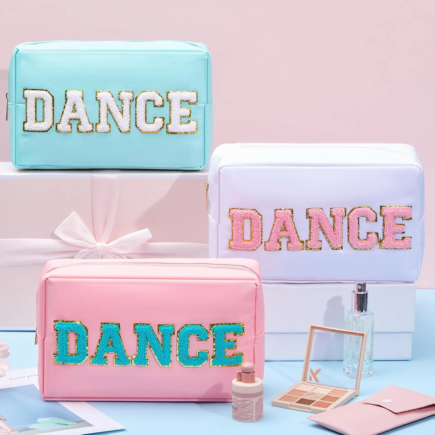 12 Pcs Cosmetic Cheer Bag Bulk with Chenille Letter Patches Gifts Nylon Makeup Bag Portable Toiletry Zipper Pouch for Cheerleader Women Travel Accessories(Novel Colors,Dance)