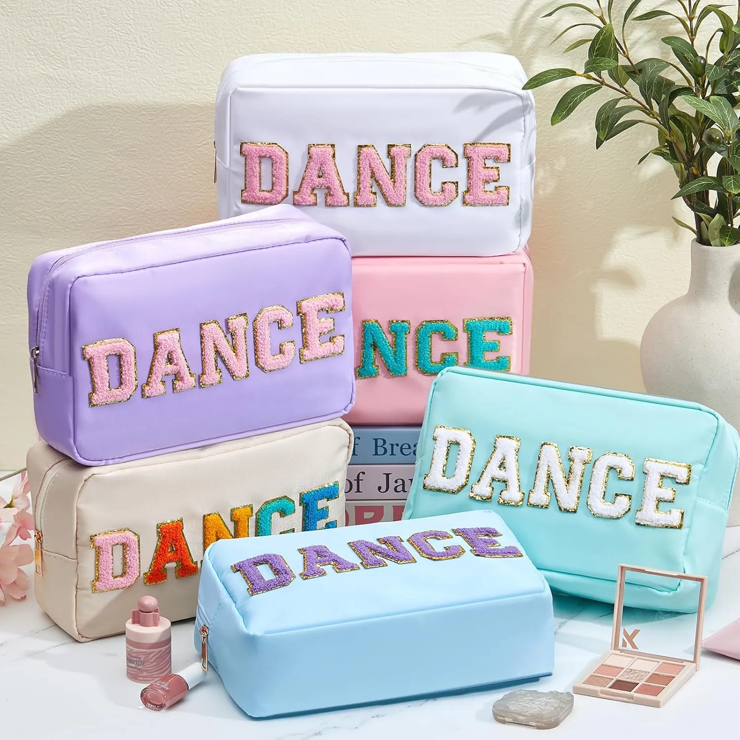 12 Pcs Cosmetic Cheer Bag Bulk with Chenille Letter Patches Gifts Nylon Makeup Bag Portable Toiletry Zipper Pouch for Cheerleader Women Travel Accessories(Novel Colors,Dance)
