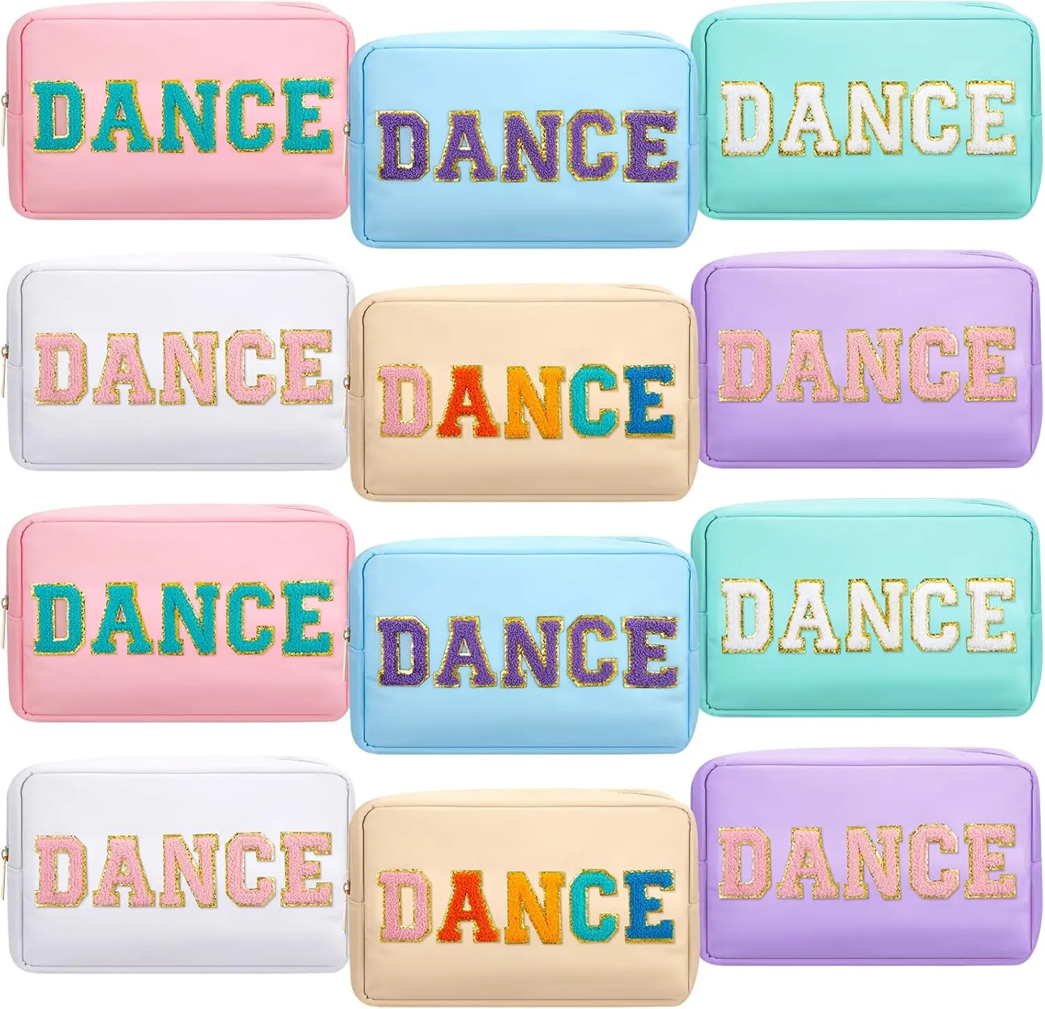 12 Pcs Cosmetic Cheer Bag Bulk with Chenille Letter Patches Gifts Nylon Makeup Bag Portable Toiletry Zipper Pouch for Cheerleader Women Travel Accessories(Novel Colors,Dance)