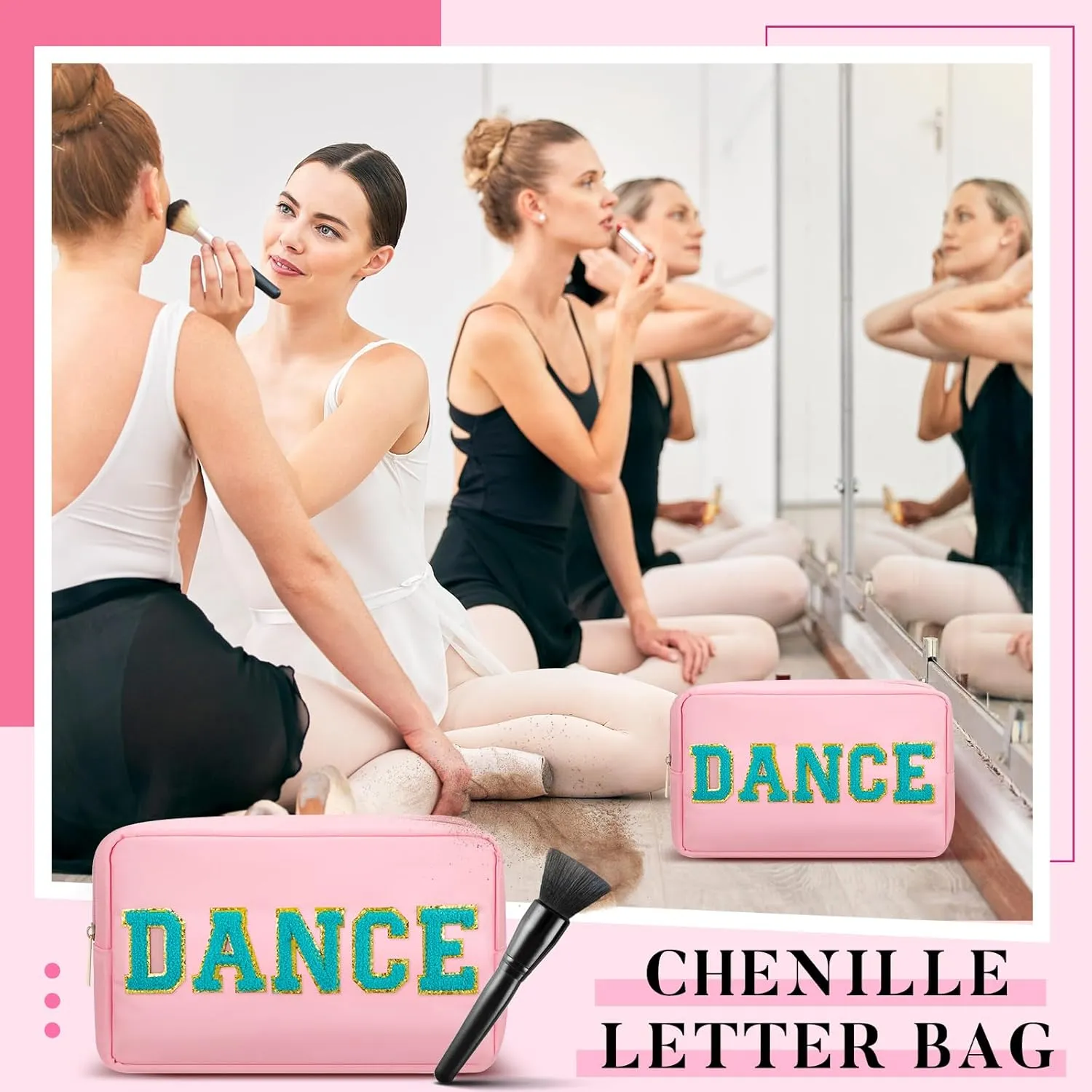 12 Pcs Cosmetic Cheer Bag Bulk with Chenille Letter Patches Gifts Nylon Makeup Bag Portable Toiletry Zipper Pouch for Cheerleader Women Travel Accessories(Novel Colors,Dance)