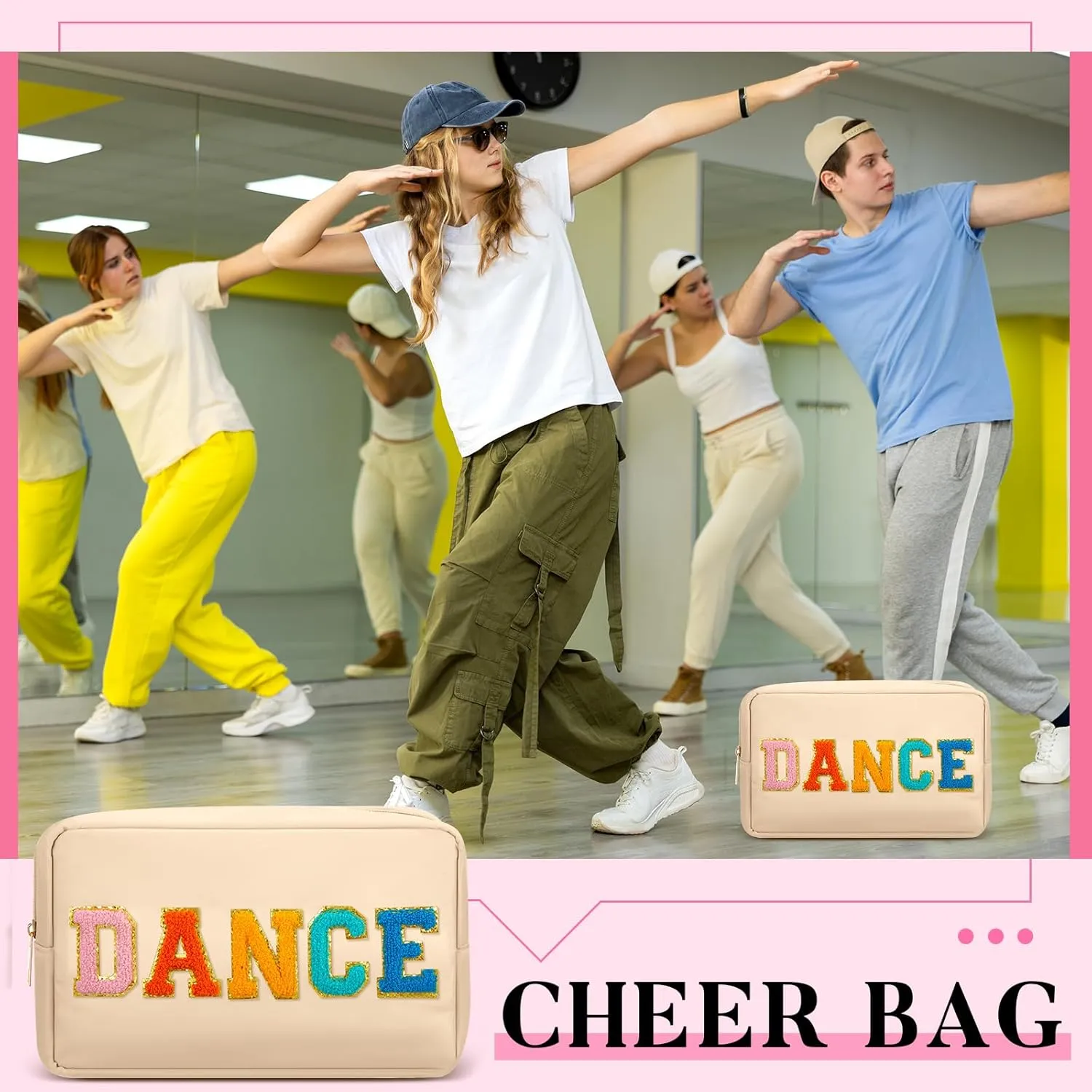 12 Pcs Cosmetic Cheer Bag Bulk with Chenille Letter Patches Gifts Nylon Makeup Bag Portable Toiletry Zipper Pouch for Cheerleader Women Travel Accessories(Novel Colors,Dance)