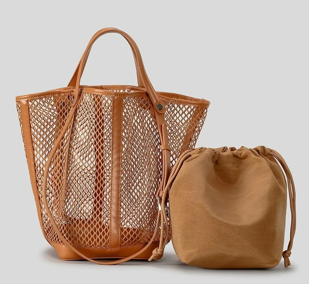 2 Pcs Bohemia Mesh Beach Bucket Bag Women Macrame Underarm Shoulder Tote Bags Crossbody Purse Hobo Bags Summer Handbag