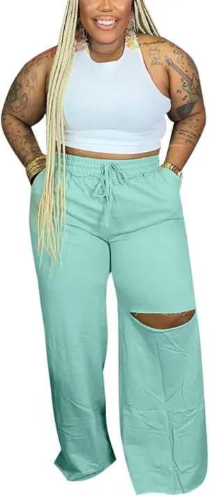 2 Piece Outfits for Women Pure Color Sleeveless Ribbed Knit Tank Top Ripped Wide Legs Long Pants Tracksuit Sport Set