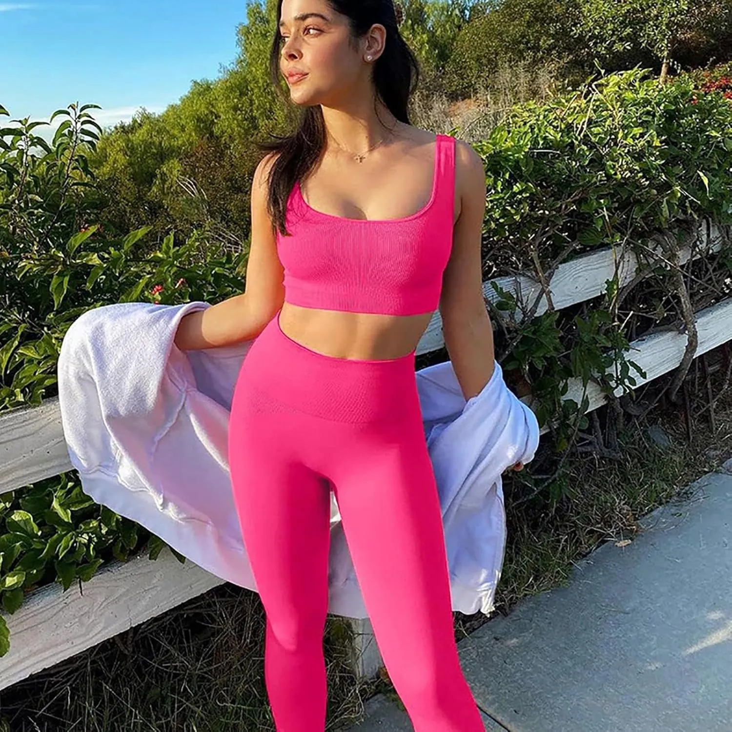 4 Piece Workout Sets For Women Ribbed Leggings Clothes Yoga Sets Active Wear Matching Work Out Sets Gym Pilates Outfits