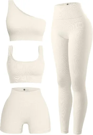 4 Piece Workout Sets For Women Ribbed Leggings Clothes Yoga Sets Active Wear Matching Work Out Sets Gym Pilates Outfits