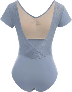 AFAVOM Dance Leotards for Women Short Sleeve Lace Ballet Leotards Mesh Lace Wrap V-backless Bodysuit Gymnastics Leotards Tops
