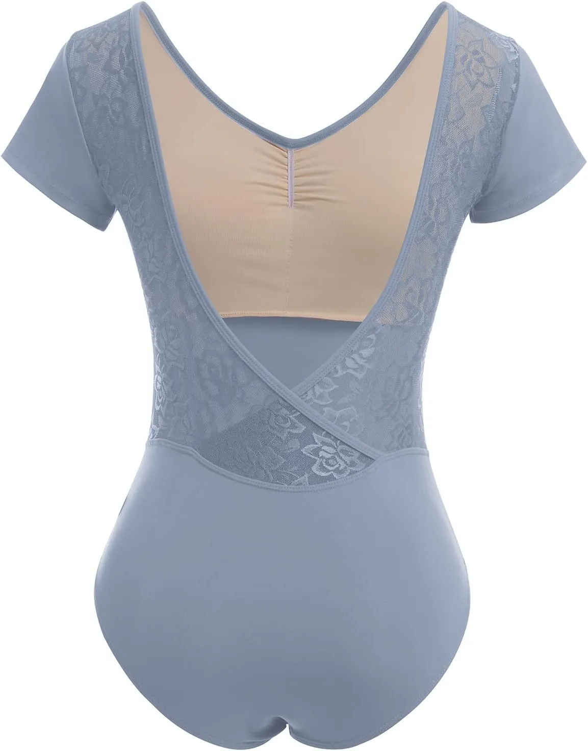 AFAVOM Dance Leotards for Women Short Sleeve Lace Ballet Leotards Mesh Lace Wrap V-backless Bodysuit Gymnastics Leotards Tops