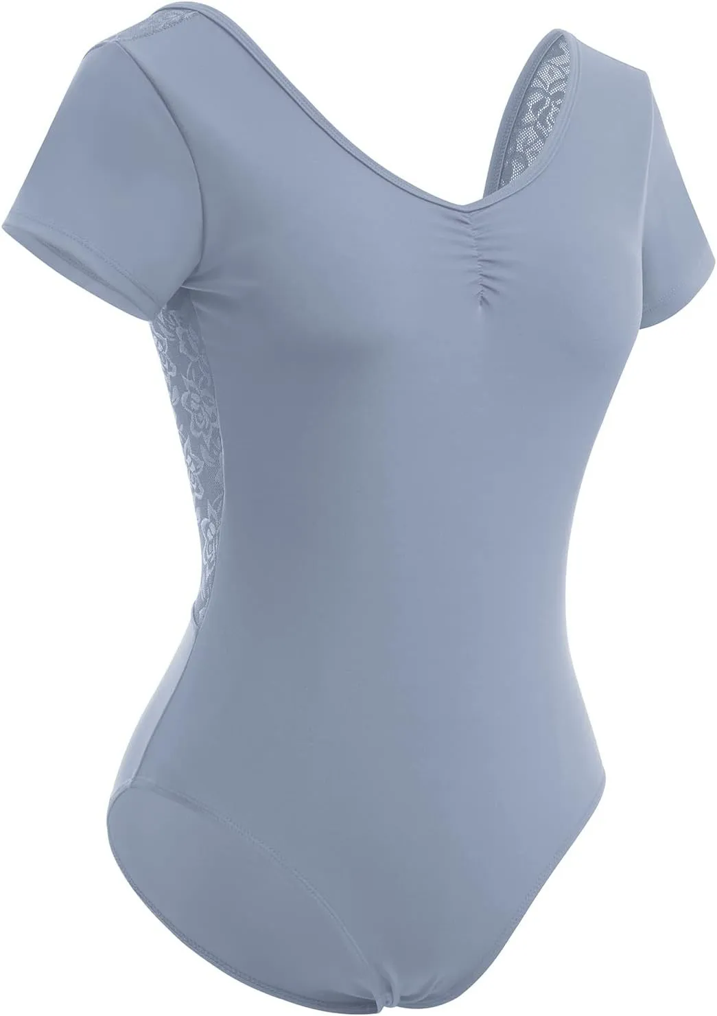 AFAVOM Dance Leotards for Women Short Sleeve Lace Ballet Leotards Mesh Lace Wrap V-backless Bodysuit Gymnastics Leotards Tops