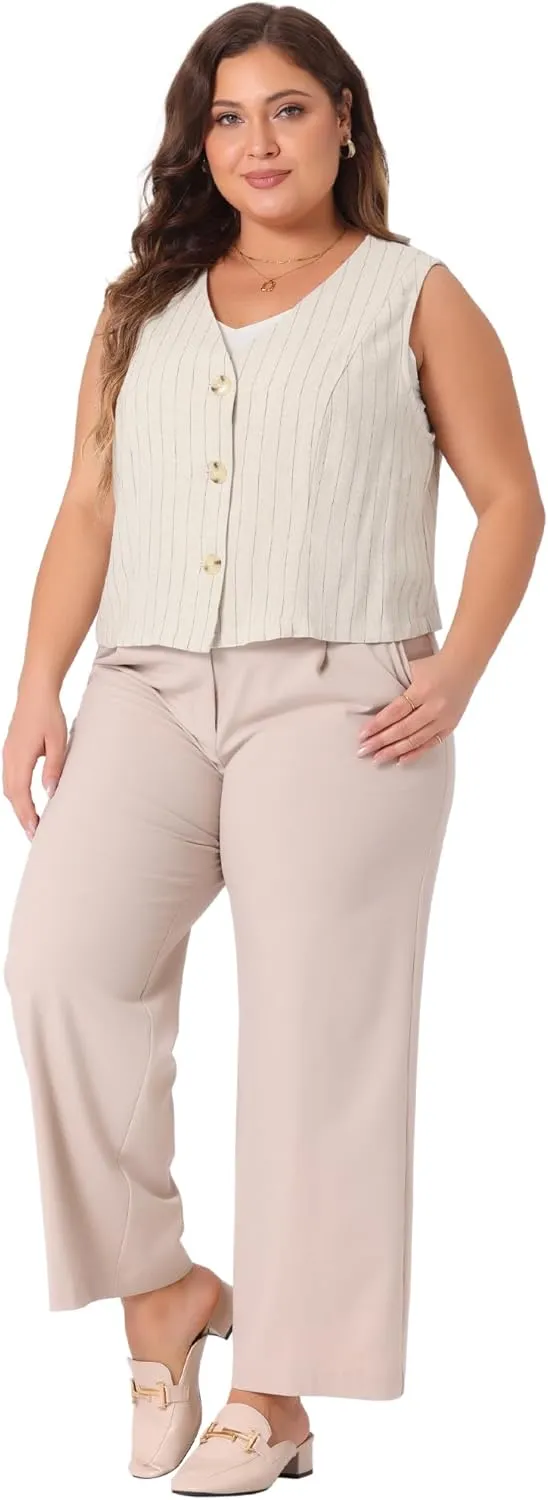 Agnes Orinda Plus Size Linen Vest for Women Sleeveless Button Down V Neck Crop Top Summer Waistcoat Vests