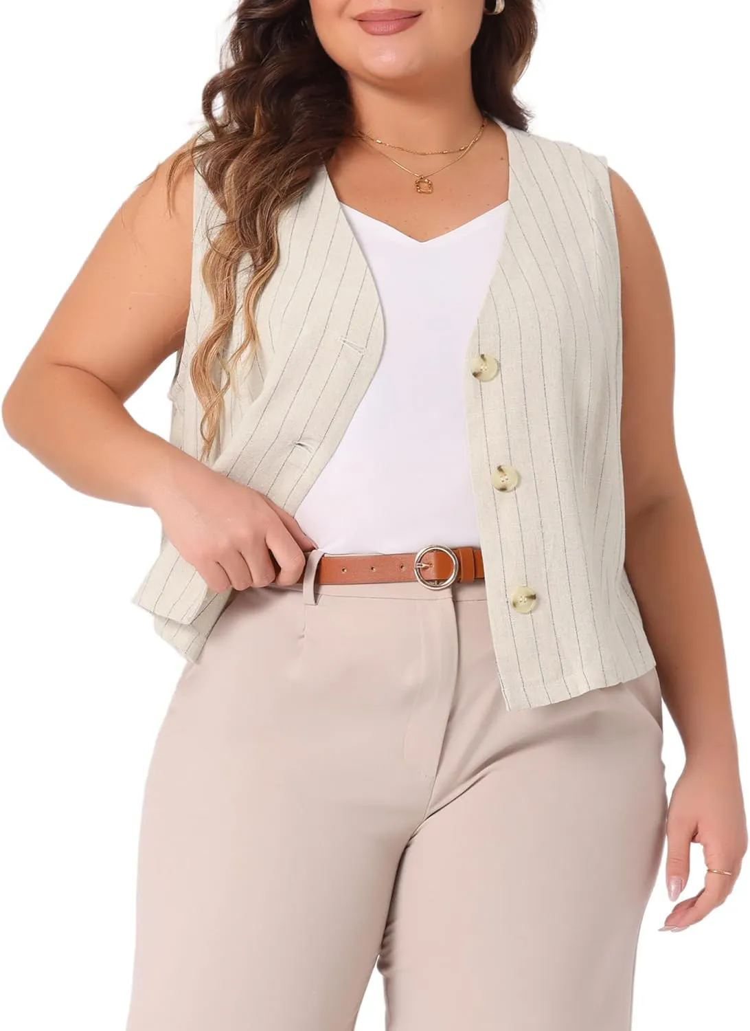 Agnes Orinda Plus Size Linen Vest for Women Sleeveless Button Down V Neck Crop Top Summer Waistcoat Vests