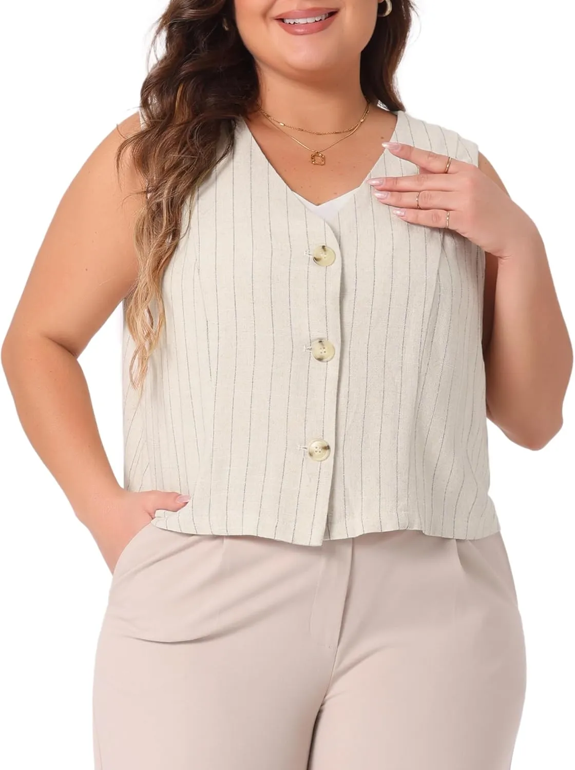 Agnes Orinda Plus Size Linen Vest for Women Sleeveless Button Down V Neck Crop Top Summer Waistcoat Vests