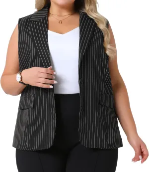 Agnes Orinda Plus Size Sleeveless Blazer Vest for Women Lapel V Neck Stripes Button Up Work Office Suit Vests