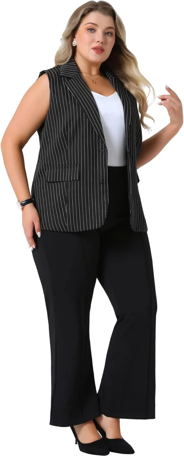 Agnes Orinda Plus Size Sleeveless Blazer Vest for Women Lapel V Neck Stripes Button Up Work Office Suit Vests
