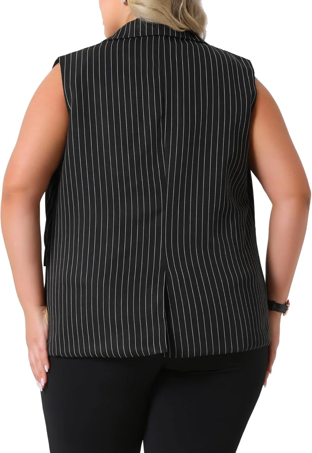 Agnes Orinda Plus Size Sleeveless Blazer Vest for Women Lapel V Neck Stripes Button Up Work Office Suit Vests