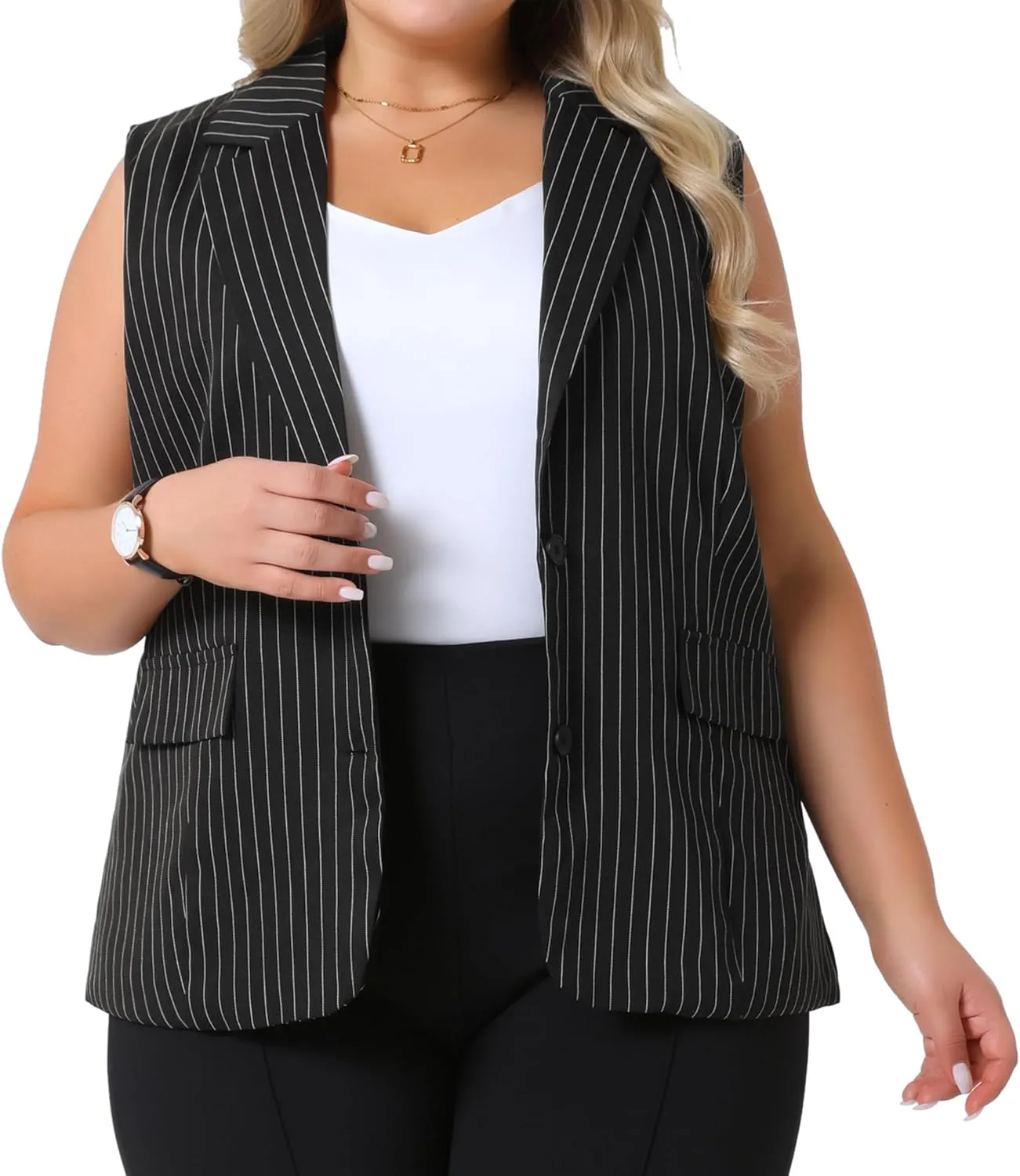 Agnes Orinda Plus Size Sleeveless Blazer Vest for Women Lapel V Neck Stripes Button Up Work Office Suit Vests