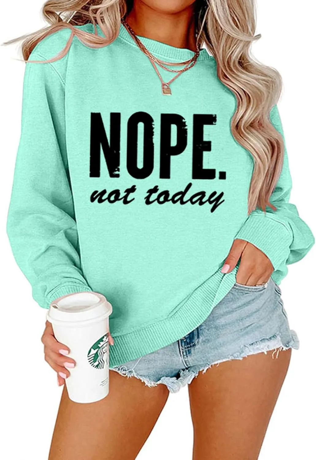 ALUS Nope Not Today Sweatshirts Women Crewneck Letter Print Top Casual Long Sleeve Pullover