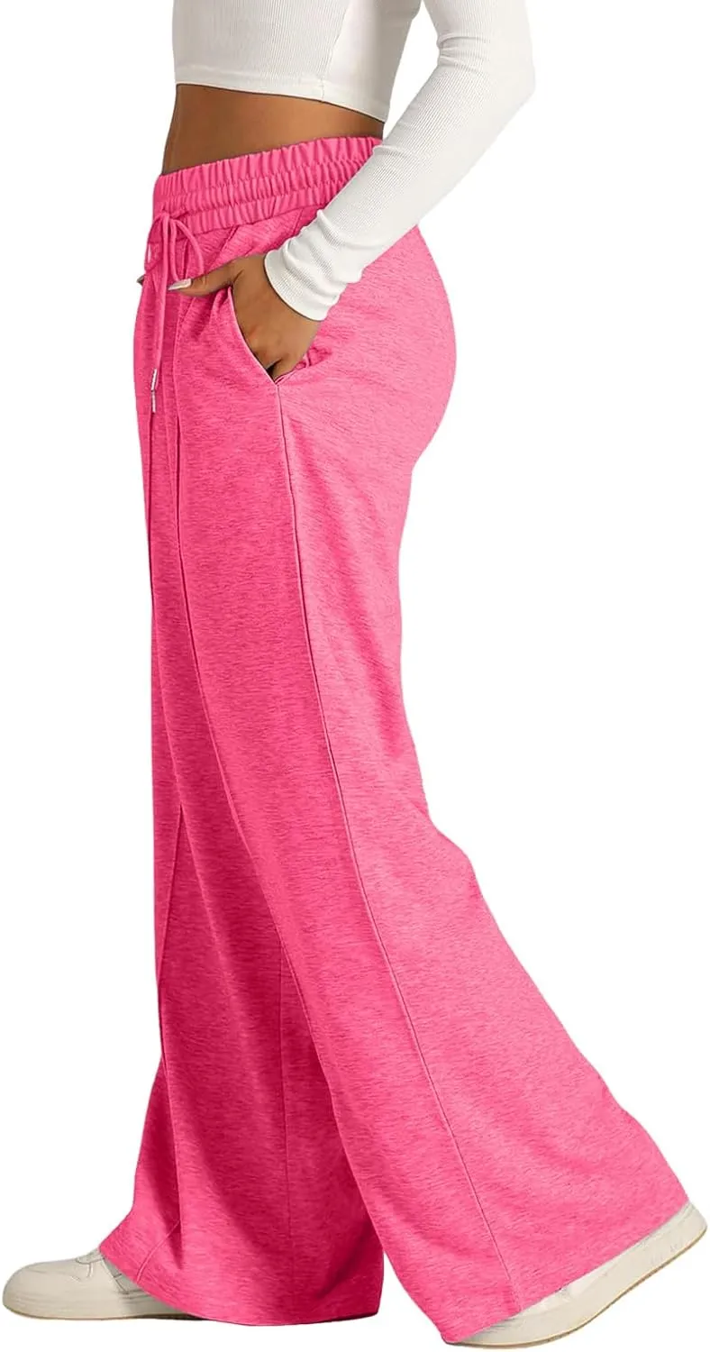 Aniywn Sweatpants Women Baggy Wide Leg Elastic Drawstring Straight Leg Lounge Pants Open Bottom High Waist Joggers Trouser