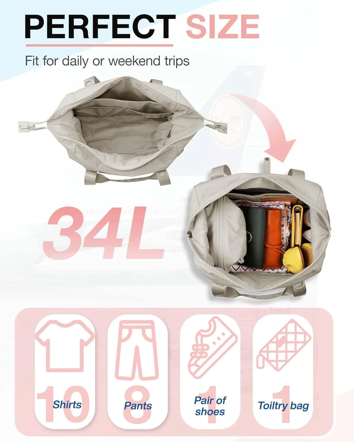 BAGSMART BAGSMART Gym Bag for Women, Carry on Weekender Overnight Bag, Travel Duffel Bags with Trolley Sleeve, Personal Item Travel Bag Tote Bag Workout Dance Bag(Beige-Large)