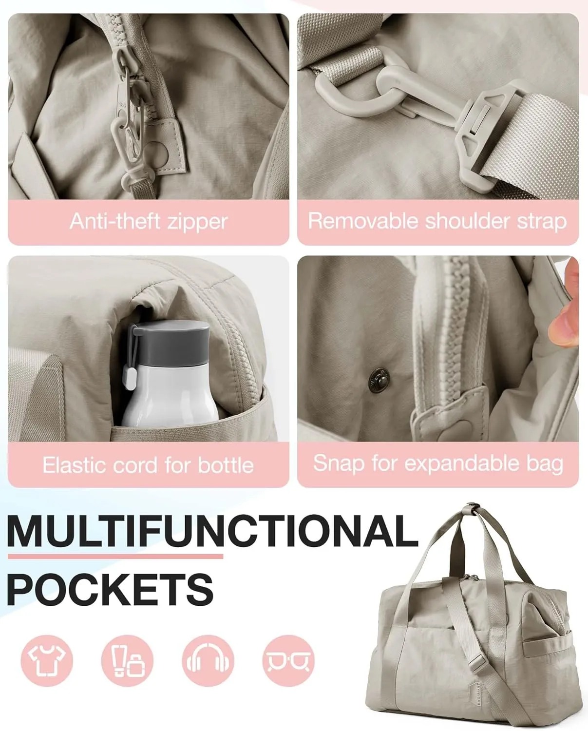 BAGSMART BAGSMART Gym Bag for Women, Carry on Weekender Overnight Bag, Travel Duffel Bags with Trolley Sleeve, Personal Item Travel Bag Tote Bag Workout Dance Bag(Beige-Large)