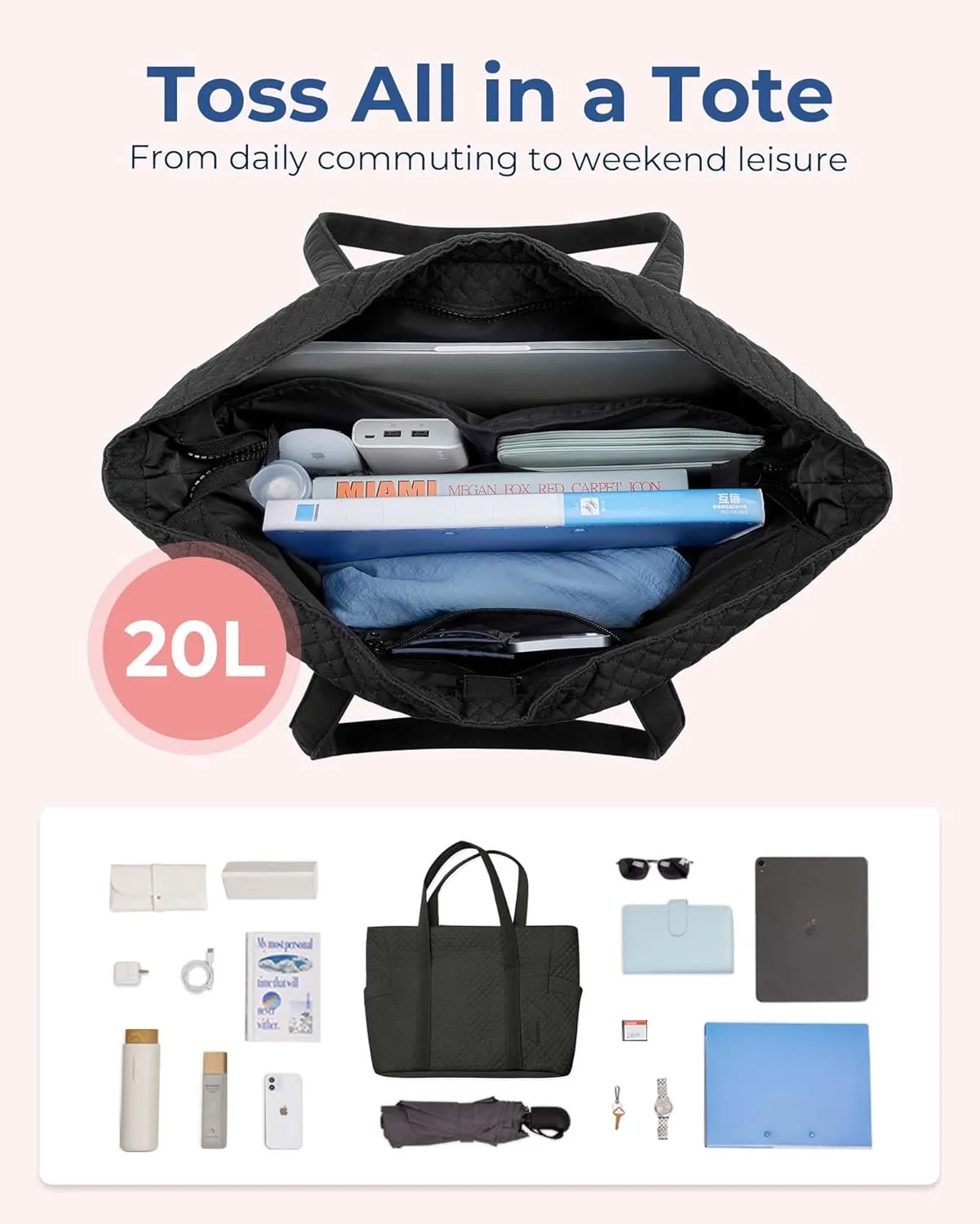 BAGSMART Large Tote Bag For Women, Travel Shoulder Bag Top Handle Handbag with Yoga Mat Buckle for Gym, Work, Travel