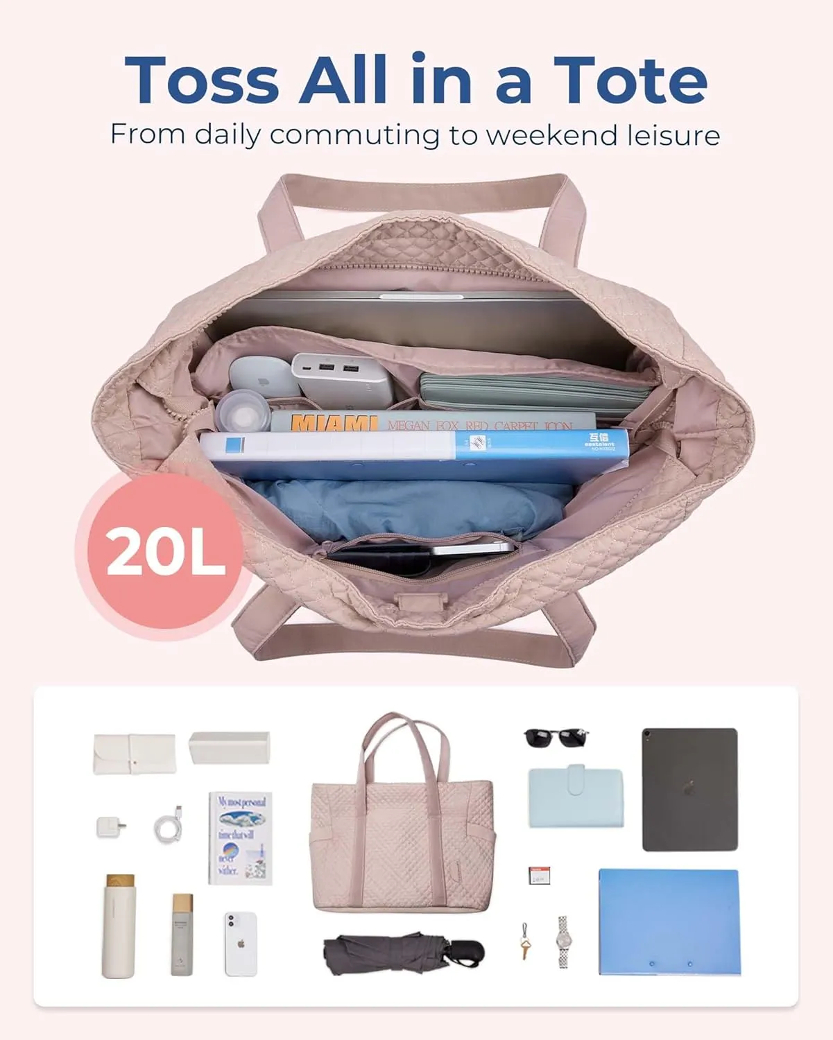 BAGSMART Large Tote Bag For Women, Travel Shoulder Bag Top Handle Handbag with Yoga Mat Buckle for Gym, Work, Travel