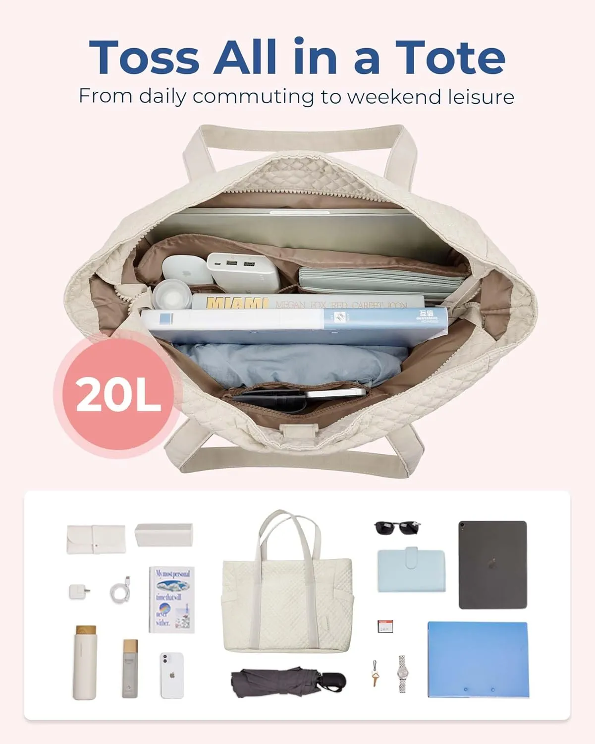 BAGSMART Large Tote Bag For Women, Travel Shoulder Bag Top Handle Handbag with Yoga Mat Buckle for Gym, Work, Travel