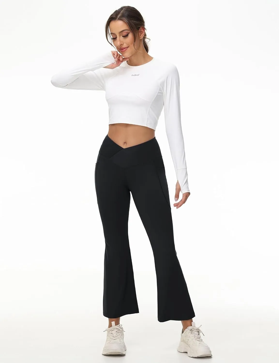 baleaf Women's Petite Flare Leggings Tummy Control Crossover High Waisted Yoga Pants with Pockets Work Casual 27"