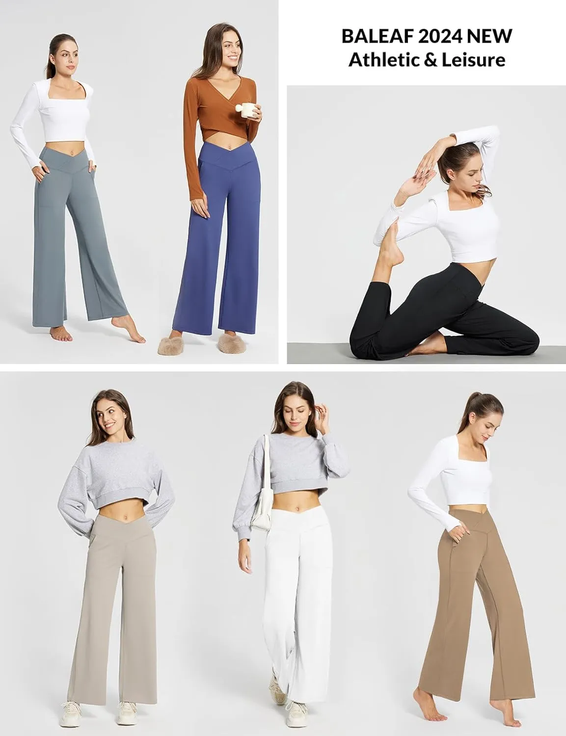 baleaf Womens Wide Leg Dress Pants Stretch High Waist Yoga Pants Casual Slacks Pockets Pull On Travel Petite Plus Size