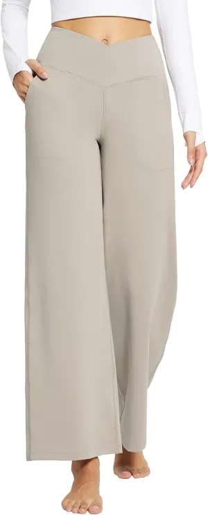 baleaf Womens Wide Leg Dress Pants Stretch High Waist Yoga Pants Casual Slacks Pockets Pull On Travel Petite Plus Size
