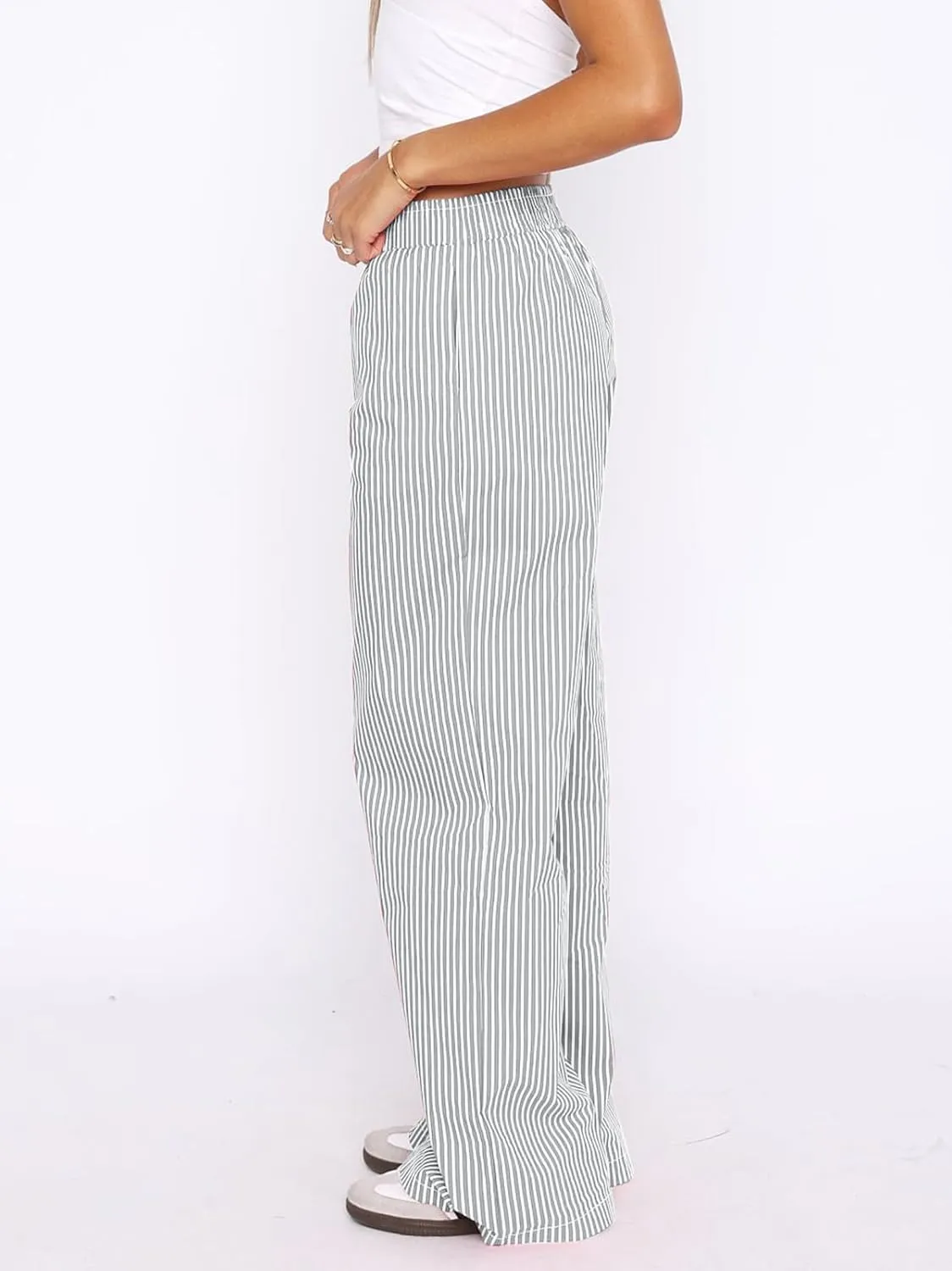 Balimtoy Women Y2k Striped Pajamas Lounge Boxer Pants Casual Elastic Waist Wide Leg Loose Trousers with Pockets Streetwear