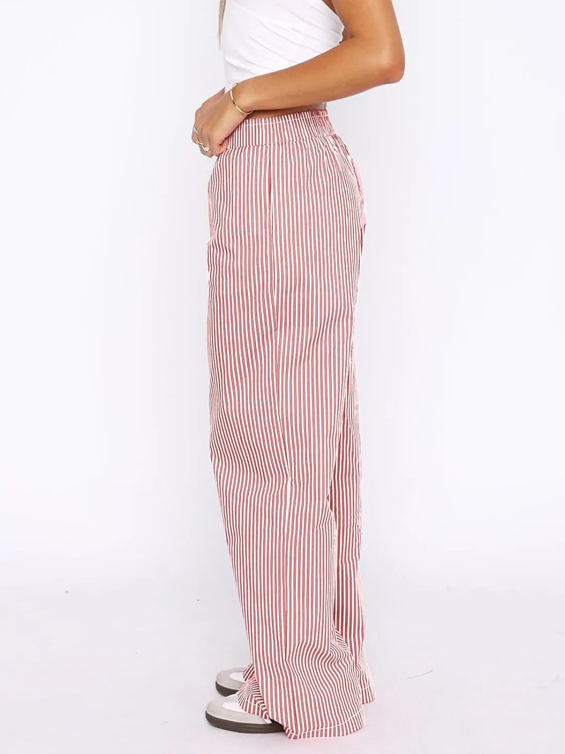 Balimtoy Women Y2k Striped Pajamas Lounge Boxer Pants Casual Elastic Waist Wide Leg Loose Trousers with Pockets Streetwear