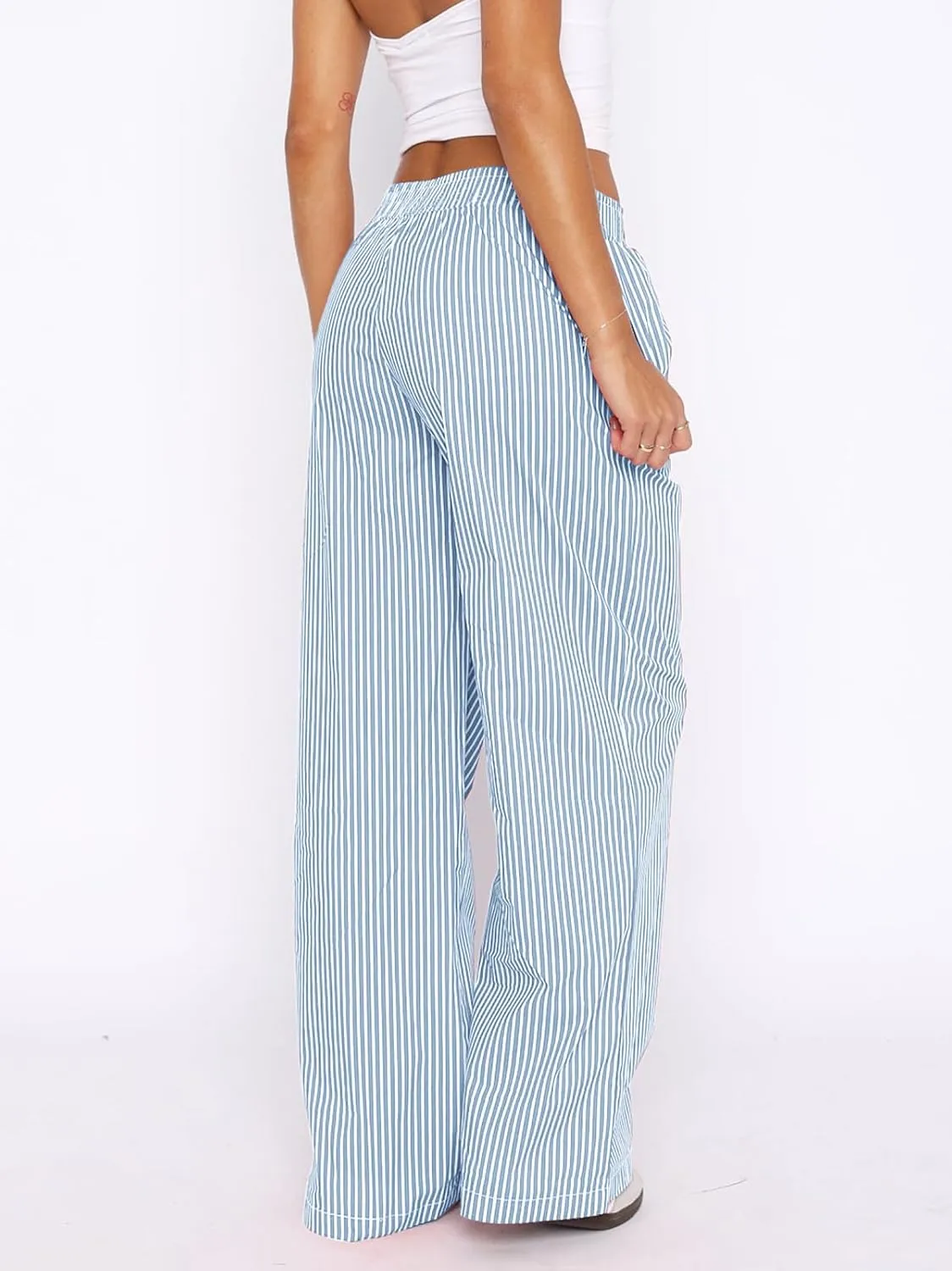 Balimtoy Women Y2k Striped Pajamas Lounge Boxer Pants Casual Elastic Waist Wide Leg Loose Trousers with Pockets Streetwear