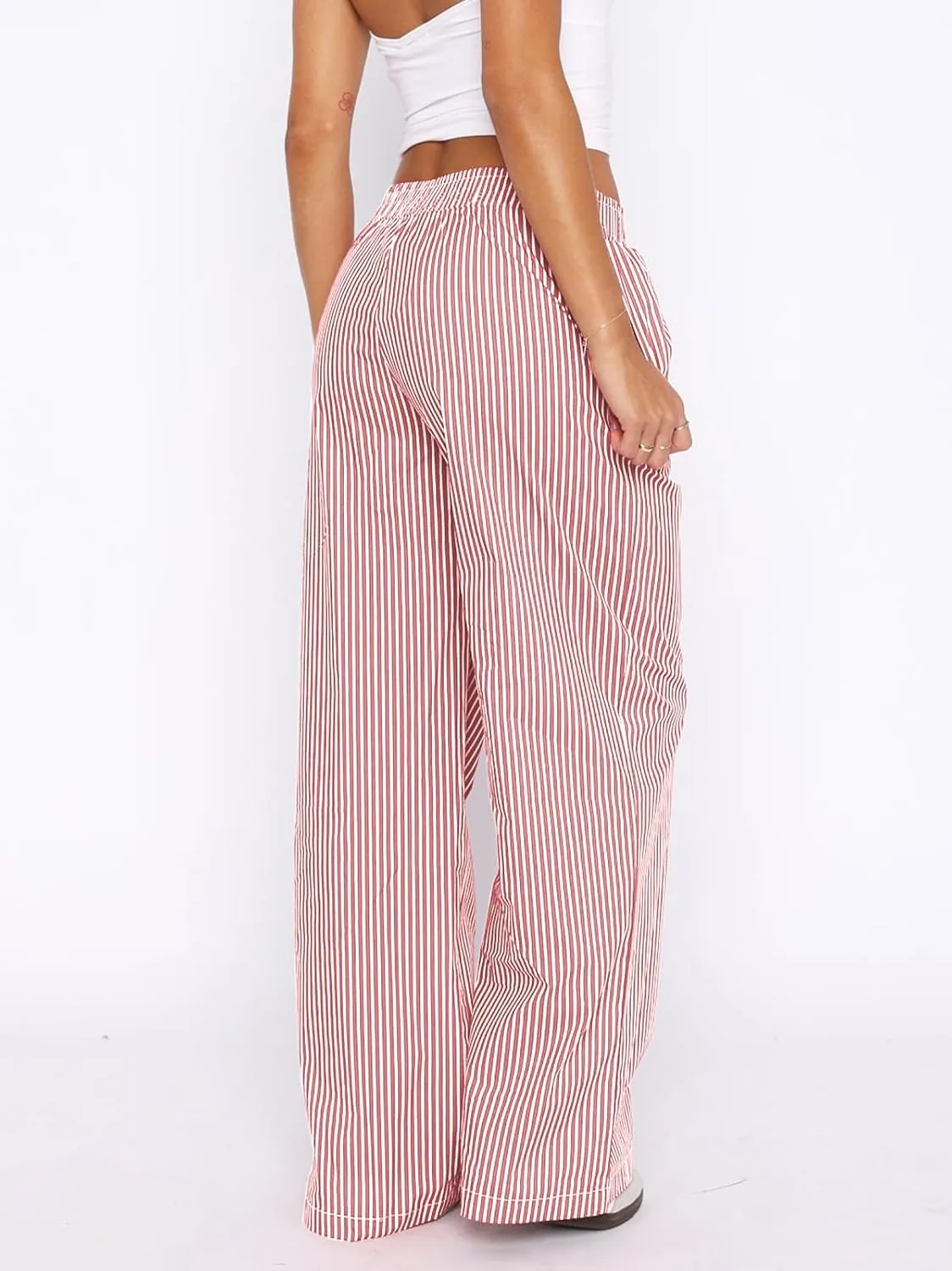 Balimtoy Women Y2k Striped Pajamas Lounge Boxer Pants Casual Elastic Waist Wide Leg Loose Trousers with Pockets Streetwear
