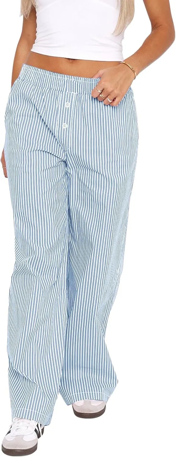 Balimtoy Women Y2k Striped Pajamas Lounge Boxer Pants Casual Elastic Waist Wide Leg Loose Trousers with Pockets Streetwear
