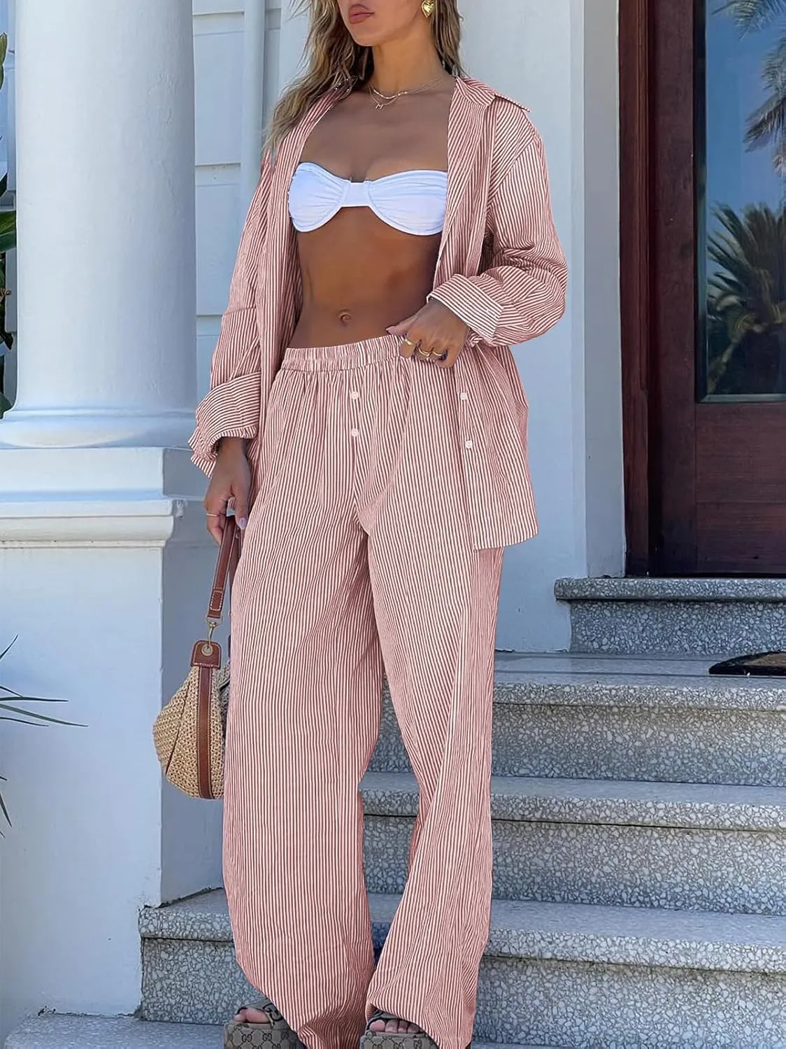 Balimtoy Women Y2k Striped Pajamas Lounge Boxer Pants Casual Elastic Waist Wide Leg Loose Trousers with Pockets Streetwear