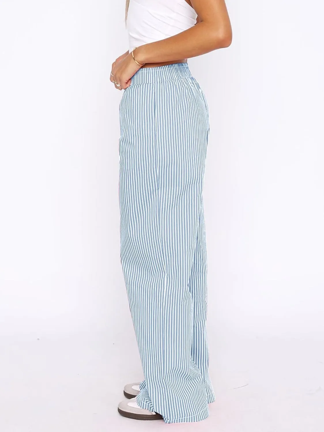 Balimtoy Women Y2k Striped Pajamas Lounge Boxer Pants Casual Elastic Waist Wide Leg Loose Trousers with Pockets Streetwear