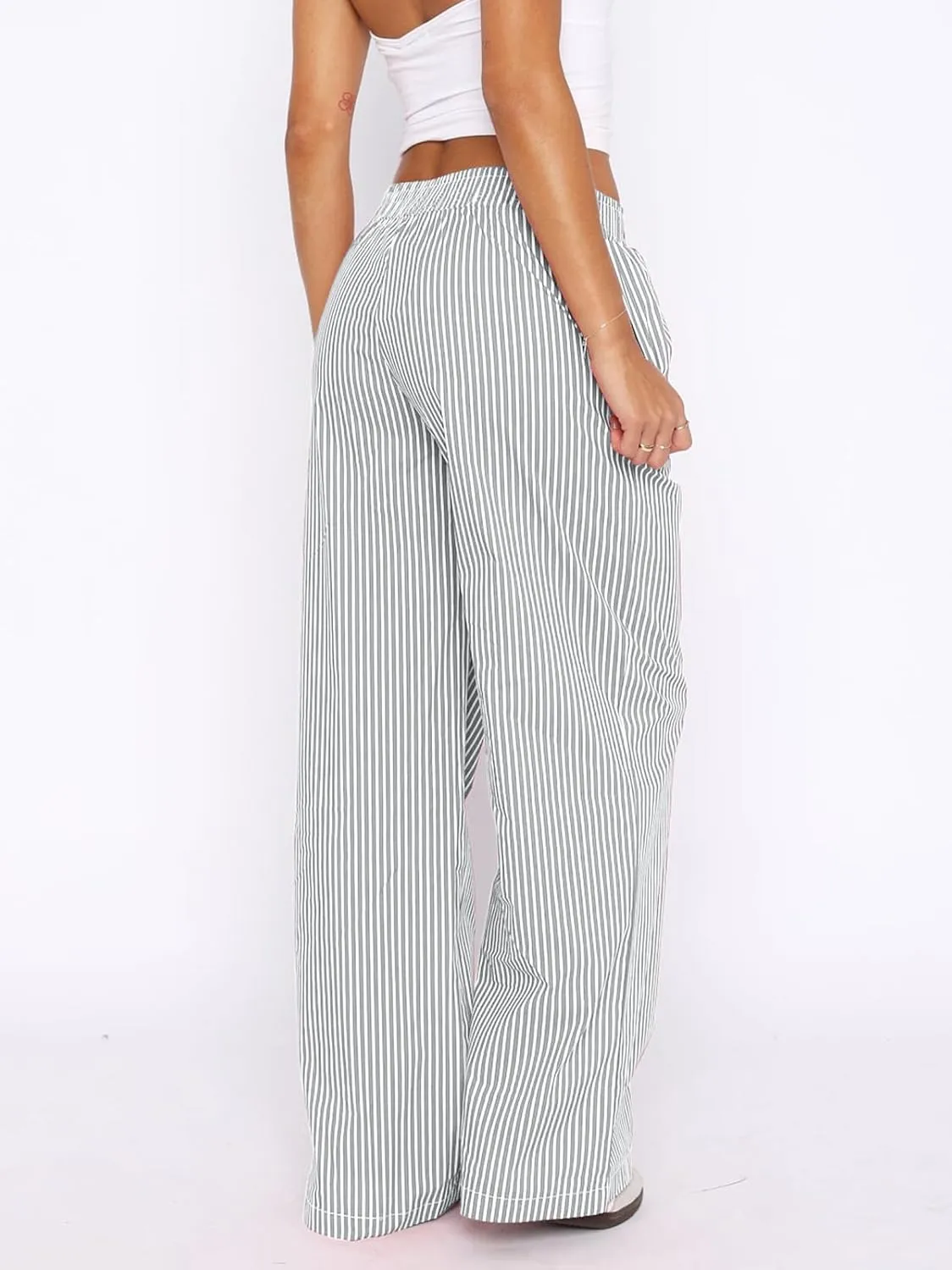 Balimtoy Women Y2k Striped Pajamas Lounge Boxer Pants Casual Elastic Waist Wide Leg Loose Trousers with Pockets Streetwear