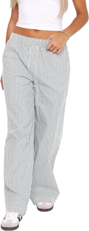 Balimtoy Women Y2k Striped Pajamas Lounge Boxer Pants Casual Elastic Waist Wide Leg Loose Trousers with Pockets Streetwear