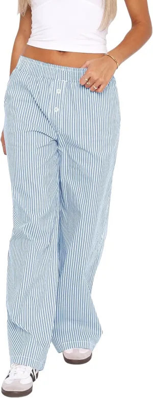 Balimtoy Women Y2k Striped Pajamas Lounge Boxer Pants Casual Elastic Waist Wide Leg Loose Trousers with Pockets Streetwear