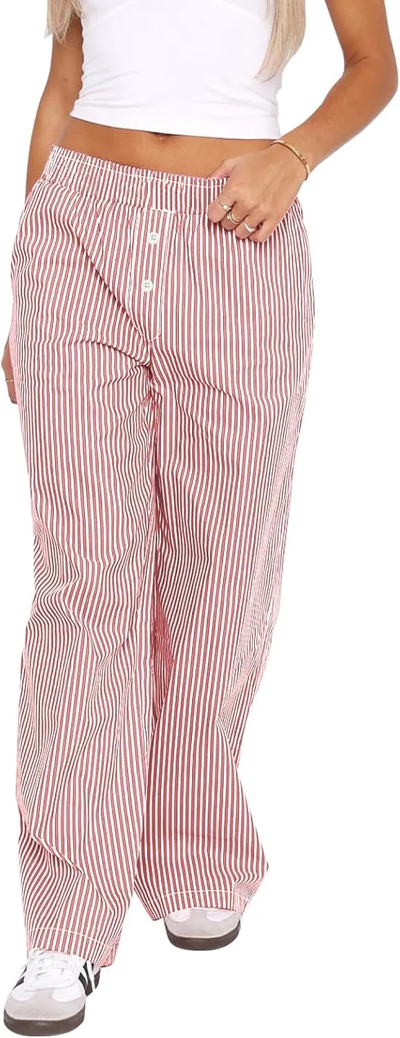 Balimtoy Women Y2k Striped Pajamas Lounge Boxer Pants Casual Elastic Waist Wide Leg Loose Trousers with Pockets Streetwear