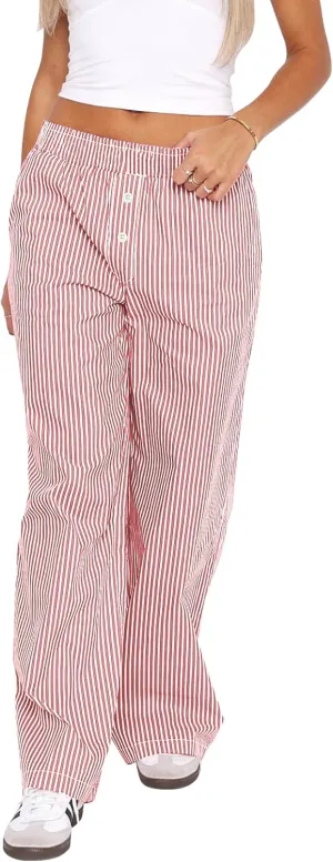 Balimtoy Women Y2k Striped Pajamas Lounge Boxer Pants Casual Elastic Waist Wide Leg Loose Trousers with Pockets Streetwear