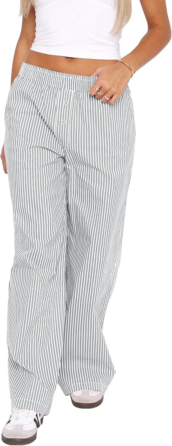 Balimtoy Women Y2k Striped Pajamas Lounge Boxer Pants Casual Elastic Waist Wide Leg Loose Trousers with Pockets Streetwear