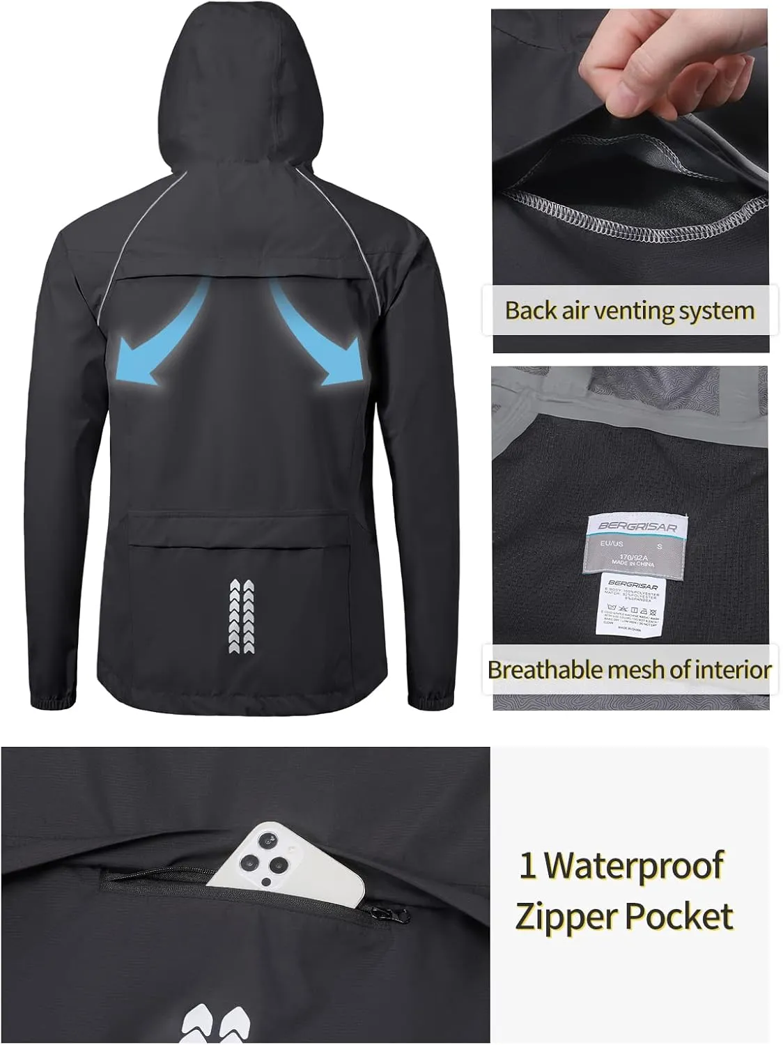 BERGRISAR Men's Cycling Rain Jacket Waterproof Cycling Windbreaker Bike Bicycle Jacket Running Hood Rain Coat
