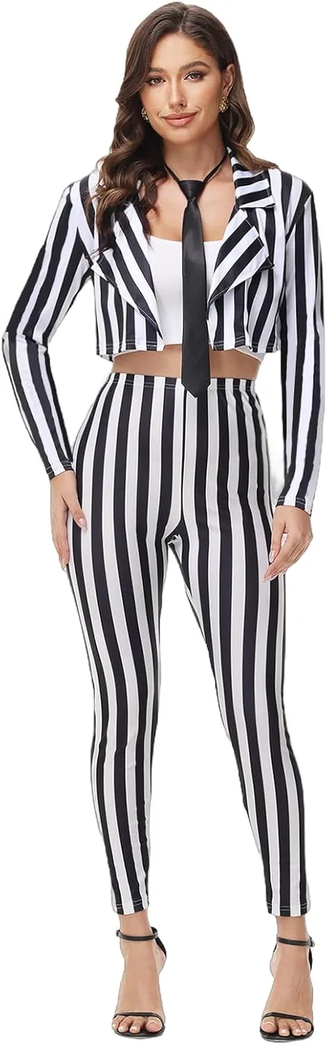Black and White Striped Blazer and Pants for Women,Pinstripe Jacket Suit,Halloween Cosplay Parties