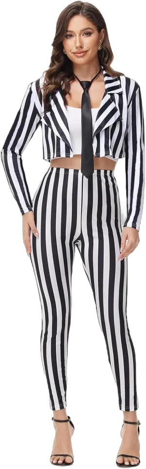 Black and White Striped Blazer and Pants for Women,Pinstripe Jacket Suit,Halloween Cosplay Parties