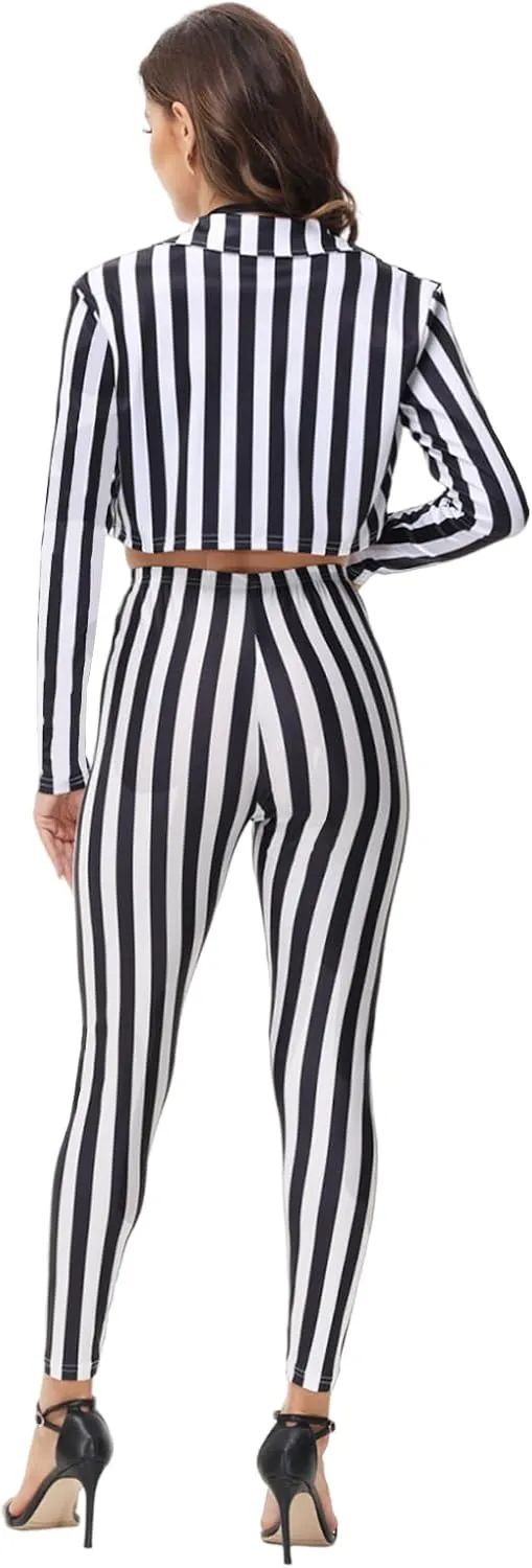 Black and White Striped Blazer and Pants for Women,Pinstripe Jacket Suit,Halloween Cosplay Parties