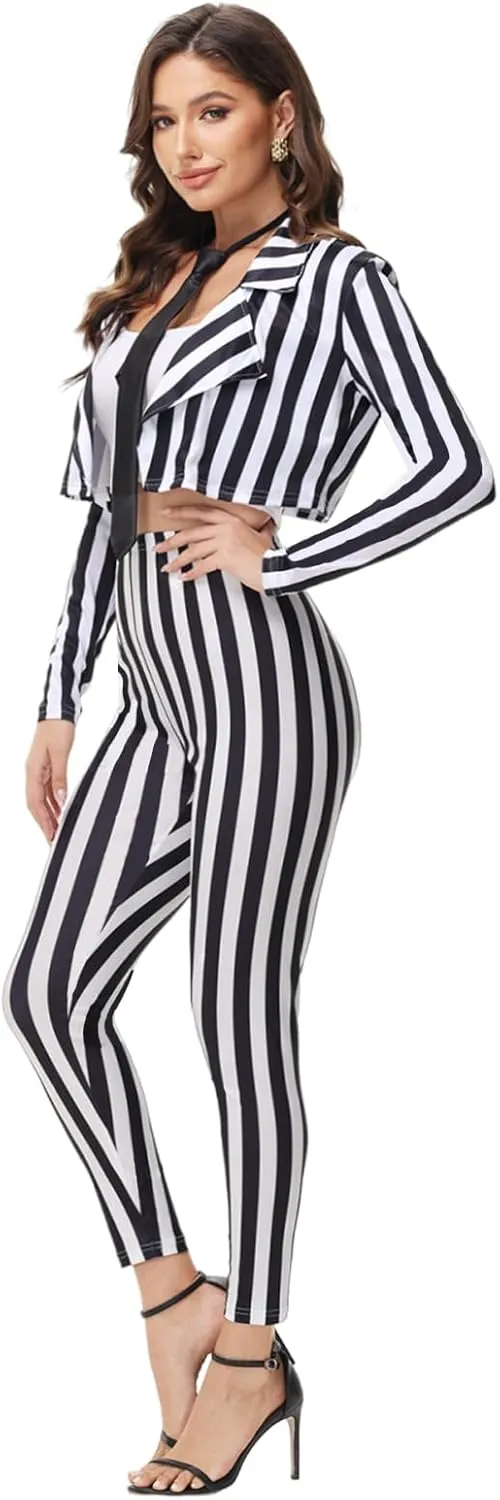Black and White Striped Blazer and Pants for Women,Pinstripe Jacket Suit,Halloween Cosplay Parties