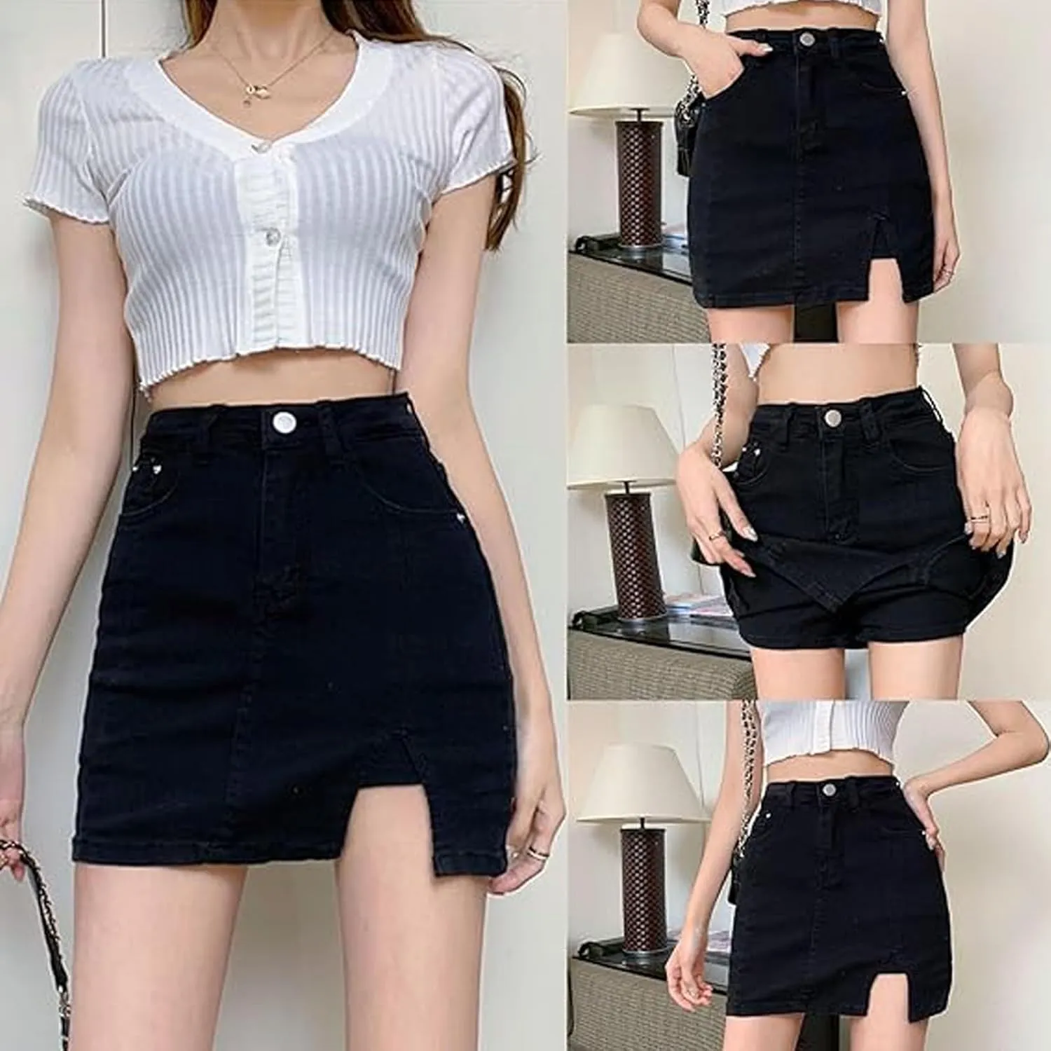 Bloomy Jean Skorts, Bloomy Skorts, Women Trendy, High Waisted Casual Stretchy Denim Skirt Side Split Mini Skirts,