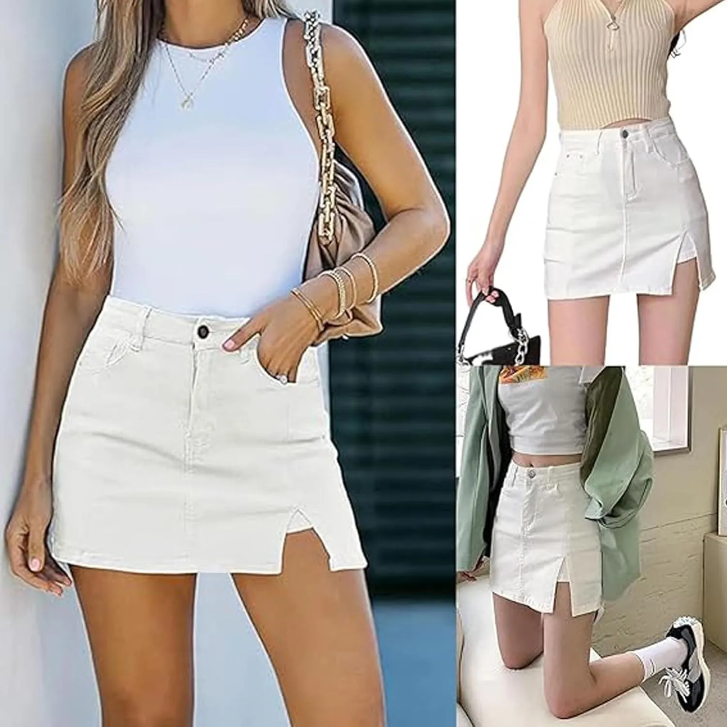 Bloomy Jean Skorts, Bloomy Skorts, Women Trendy, High Waisted Casual Stretchy Denim Skirt Side Split Mini Skirts,