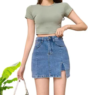 Bloomy Jean Skorts, Bloomy Skorts, Women Trendy, High Waisted Casual Stretchy Denim Skirt Side Split Mini Skirts,